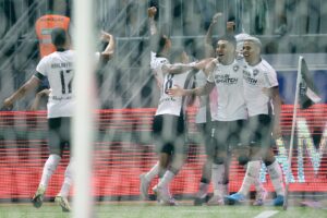 Jogadores do Botafogo comemoram gol e classificação.